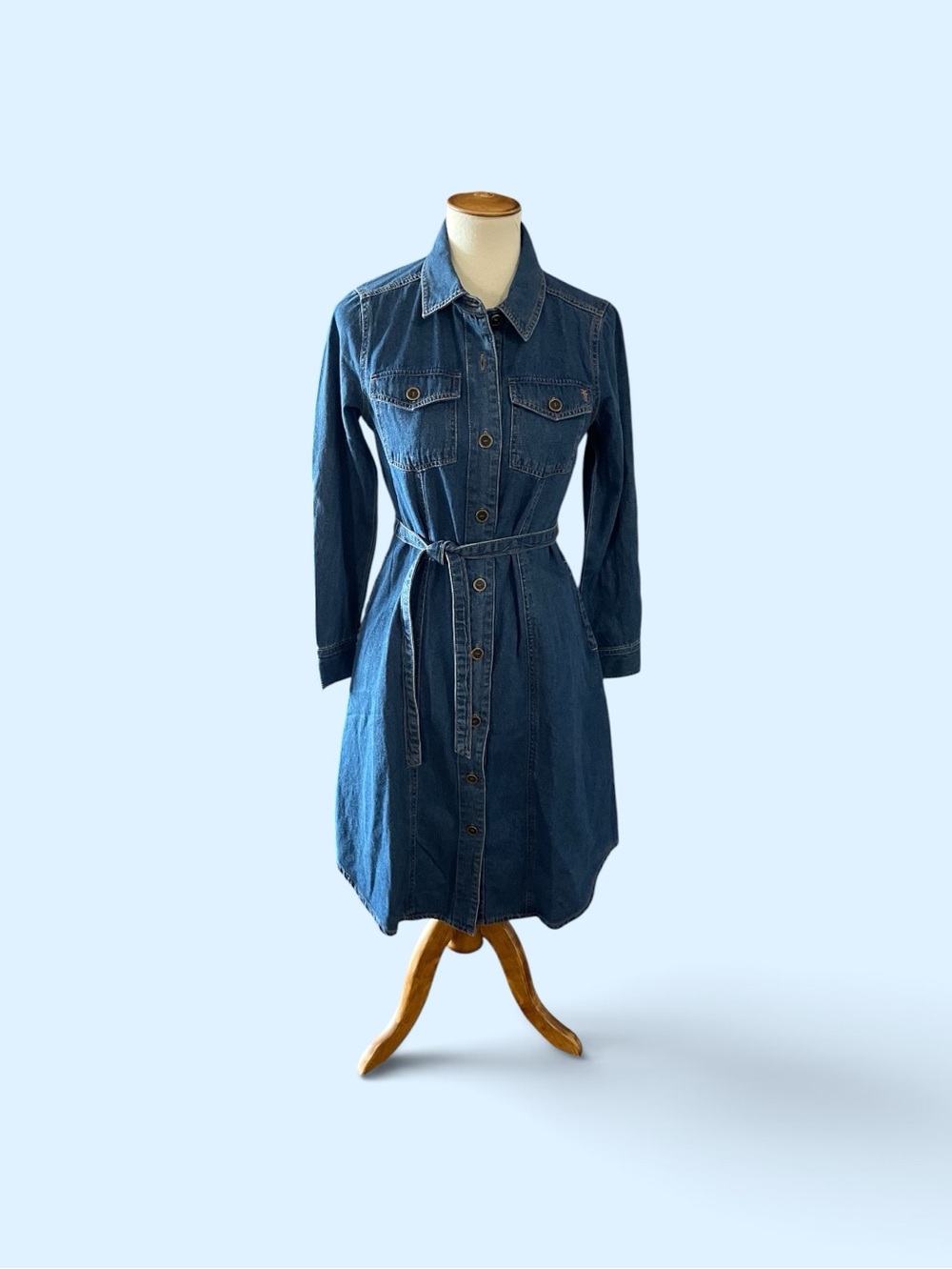 #267 FryeClassic Denim Shirt Dress with Tie Belt - Blue, size XS